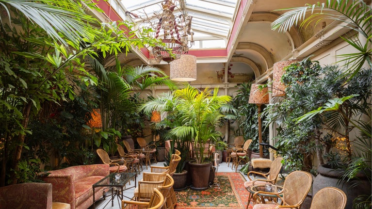 Light-filled winter garden with a glass roof, abundant tropical plants, wicker chairs, patterned rugs, and intimate seating areas arranged among large potted palms and greenery.